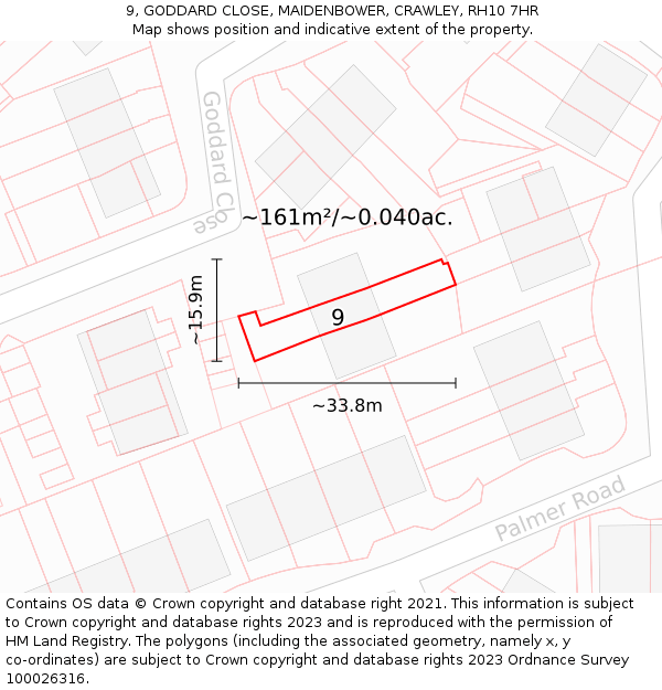9, GODDARD CLOSE, MAIDENBOWER, CRAWLEY, RH10 7HR: Plot and title map