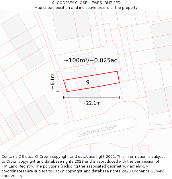 9, GODFREY CLOSE, LEWES, BN7 2ED: Plot and title map