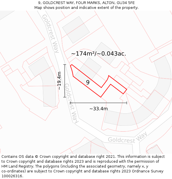 9, GOLDCREST WAY, FOUR MARKS, ALTON, GU34 5FE: Plot and title map