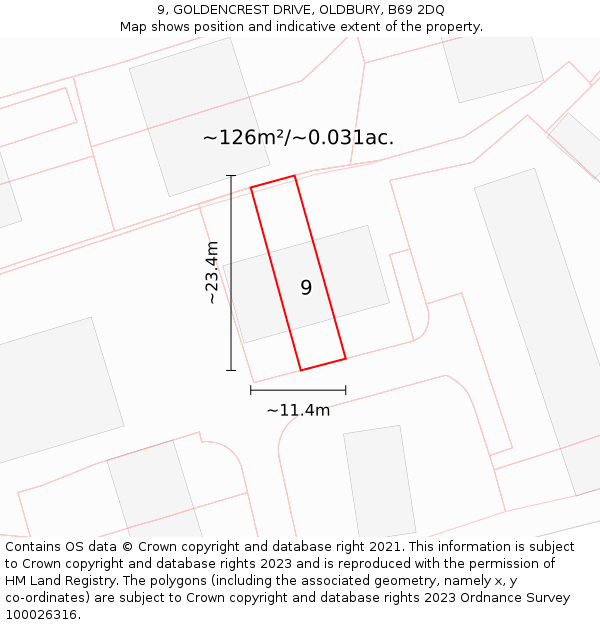 9, GOLDENCREST DRIVE, OLDBURY, B69 2DQ: Plot and title map
