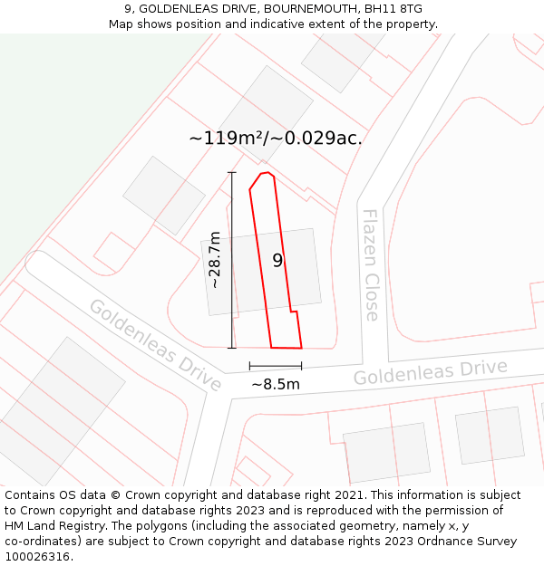 9, GOLDENLEAS DRIVE, BOURNEMOUTH, BH11 8TG: Plot and title map