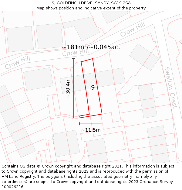 9, GOLDFINCH DRIVE, SANDY, SG19 2SA: Plot and title map