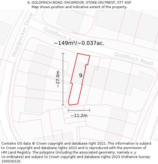 9, GOLDFINCH ROAD, PACKMOOR, STOKE-ON-TRENT, ST7 4GF: Plot and title map
