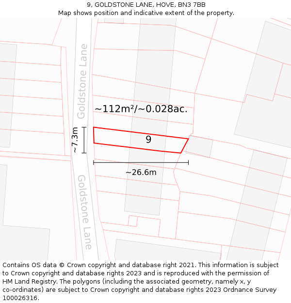 9, GOLDSTONE LANE, HOVE, BN3 7BB: Plot and title map