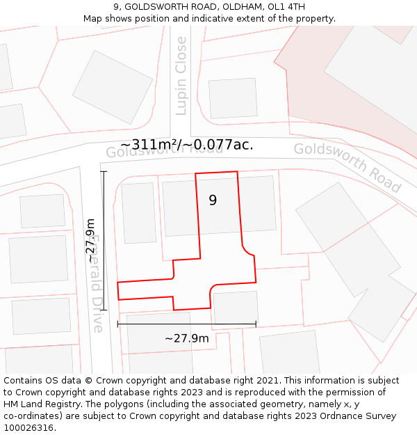 9, GOLDSWORTH ROAD, OLDHAM, OL1 4TH: Plot and title map