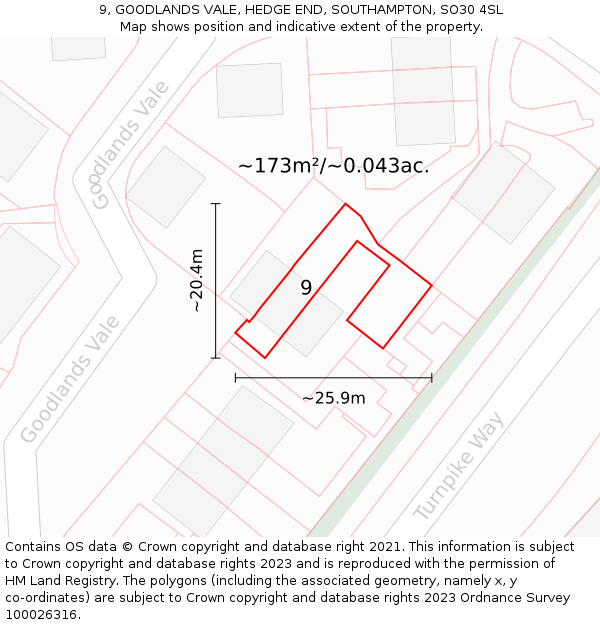 9, GOODLANDS VALE, HEDGE END, SOUTHAMPTON, SO30 4SL: Plot and title map