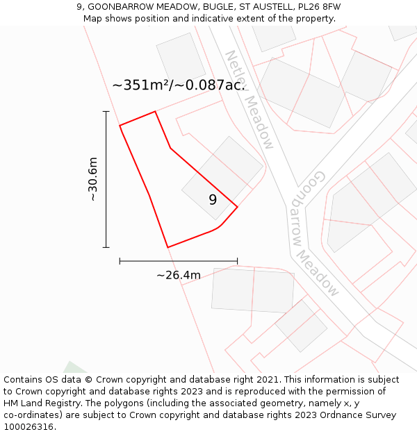 9, GOONBARROW MEADOW, BUGLE, ST AUSTELL, PL26 8FW: Plot and title map