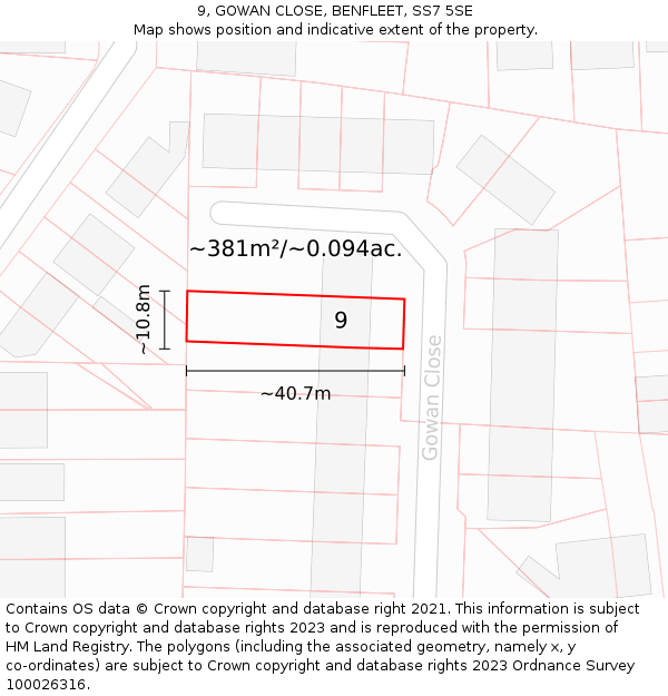9, GOWAN CLOSE, BENFLEET, SS7 5SE: Plot and title map