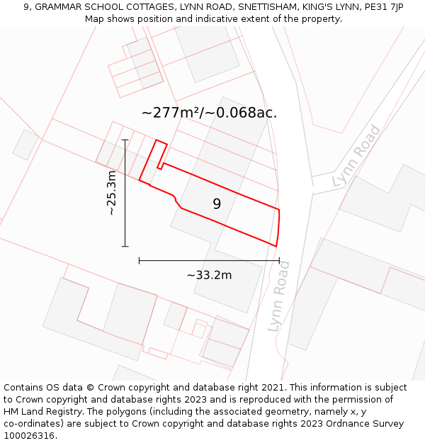 9, GRAMMAR SCHOOL COTTAGES, LYNN ROAD, SNETTISHAM, KING'S LYNN, PE31 7JP: Plot and title map