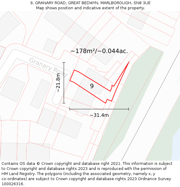 9, GRANARY ROAD, GREAT BEDWYN, MARLBOROUGH, SN8 3UE: Plot and title map