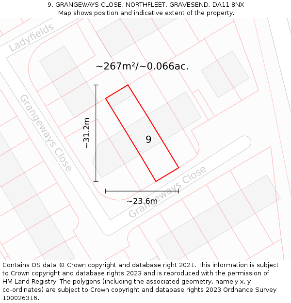 9, GRANGEWAYS CLOSE, NORTHFLEET, GRAVESEND, DA11 8NX: Plot and title map