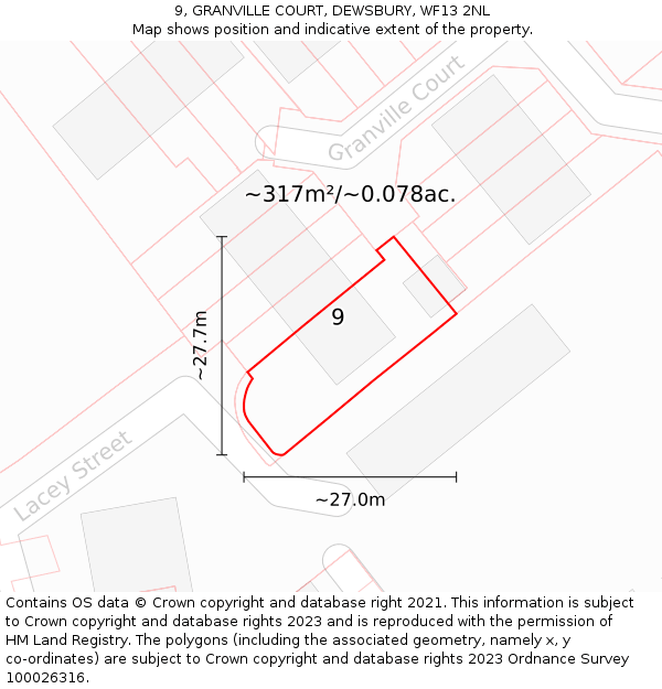 9, GRANVILLE COURT, DEWSBURY, WF13 2NL: Plot and title map