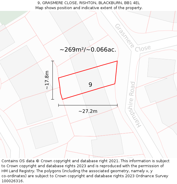 9, GRASMERE CLOSE, RISHTON, BLACKBURN, BB1 4EL: Plot and title map