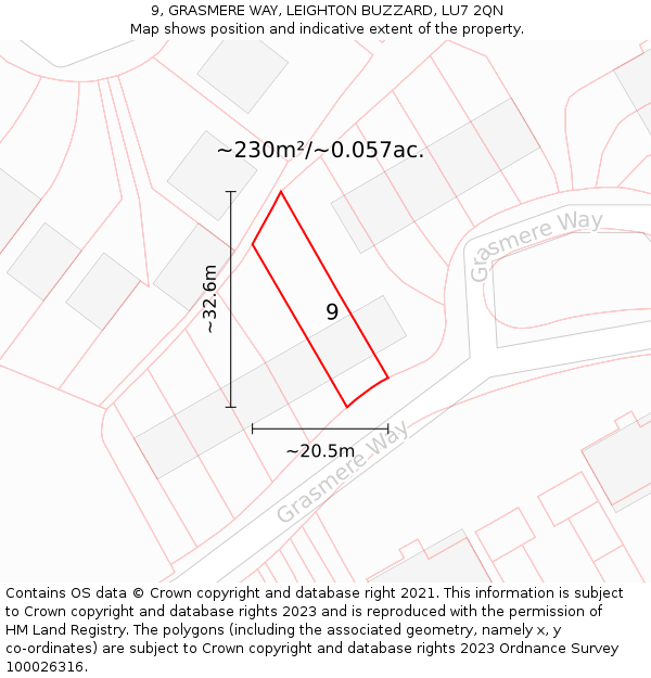 9, GRASMERE WAY, LEIGHTON BUZZARD, LU7 2QN: Plot and title map