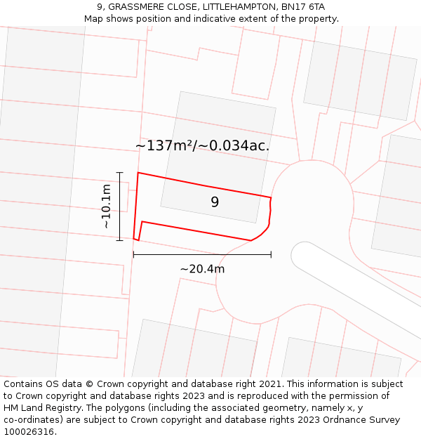 9, GRASSMERE CLOSE, LITTLEHAMPTON, BN17 6TA: Plot and title map