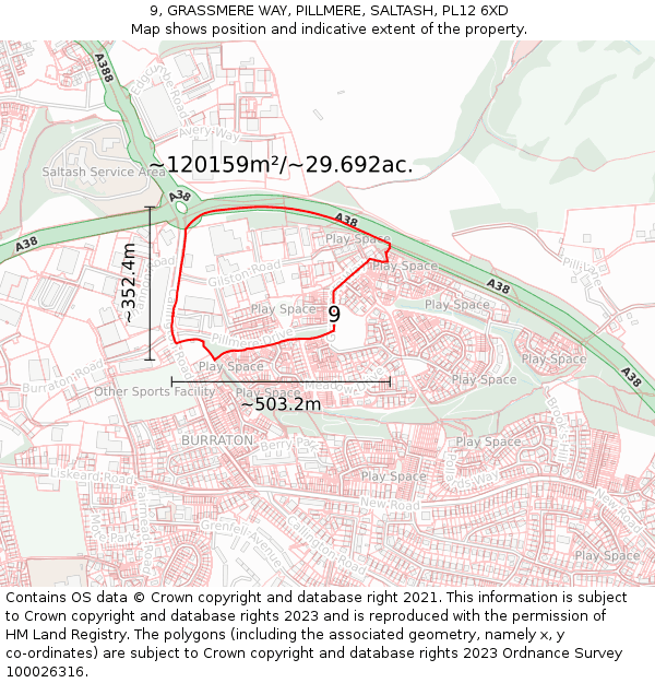 9, GRASSMERE WAY, PILLMERE, SALTASH, PL12 6XD: Plot and title map