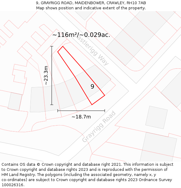 9, GRAYRIGG ROAD, MAIDENBOWER, CRAWLEY, RH10 7AB: Plot and title map