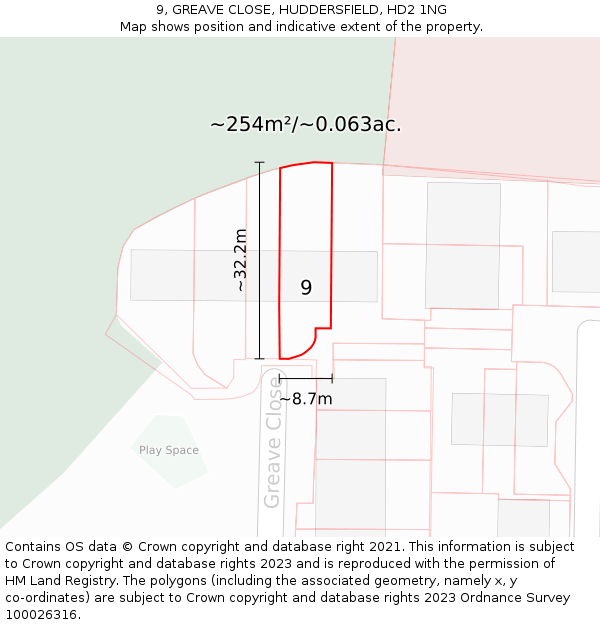 9, GREAVE CLOSE, HUDDERSFIELD, HD2 1NG: Plot and title map