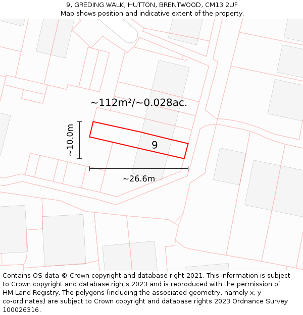9, GREDING WALK, HUTTON, BRENTWOOD, CM13 2UF: Plot and title map