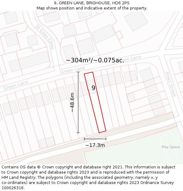 9, GREEN LANE, BRIGHOUSE, HD6 2PS: Plot and title map