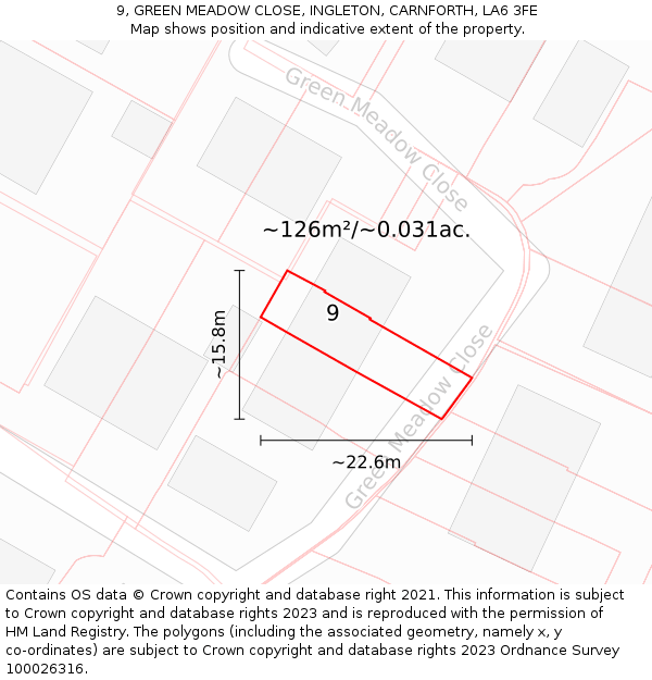 9, GREEN MEADOW CLOSE, INGLETON, CARNFORTH, LA6 3FE: Plot and title map