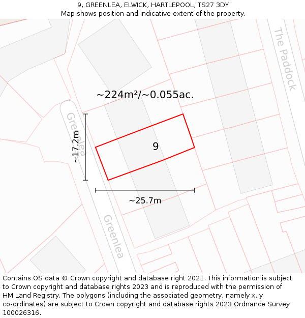 9, GREENLEA, ELWICK, HARTLEPOOL, TS27 3DY: Plot and title map