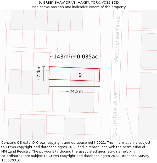 9, GREENSHAW DRIVE, HAXBY, YORK, YO32 3DD: Plot and title map