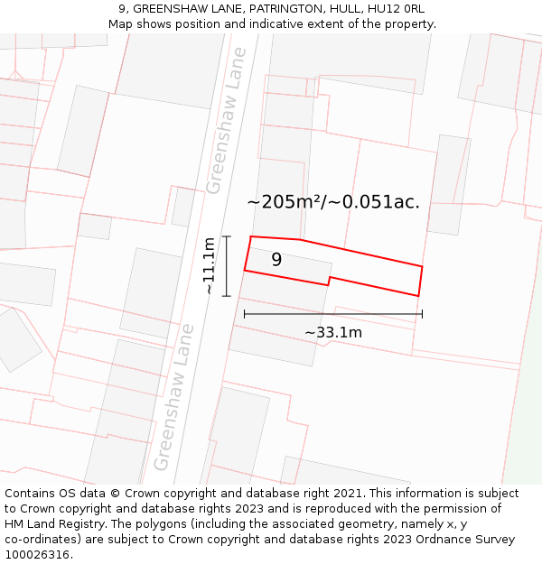 9, GREENSHAW LANE, PATRINGTON, HULL, HU12 0RL: Plot and title map