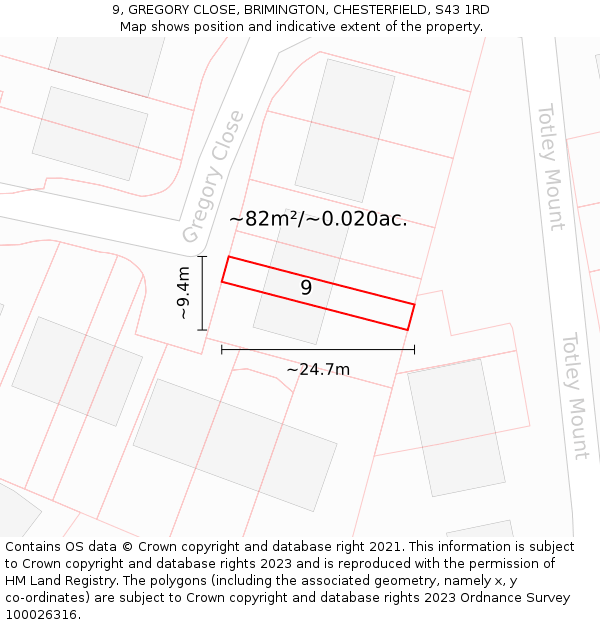 9, GREGORY CLOSE, BRIMINGTON, CHESTERFIELD, S43 1RD: Plot and title map