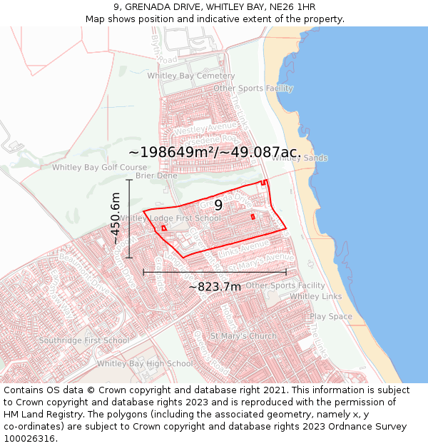 9, GRENADA DRIVE, WHITLEY BAY, NE26 1HR: Plot and title map