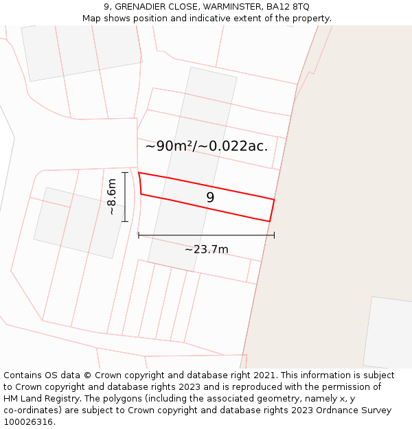 9, GRENADIER CLOSE, WARMINSTER, BA12 8TQ: Plot and title map