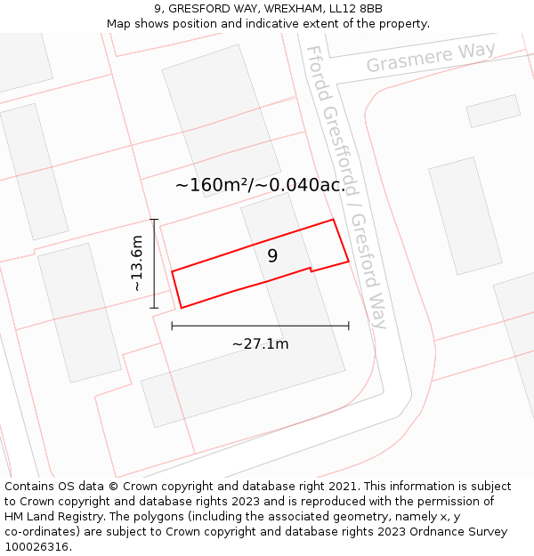 9, GRESFORD WAY, WREXHAM, LL12 8BB: Plot and title map