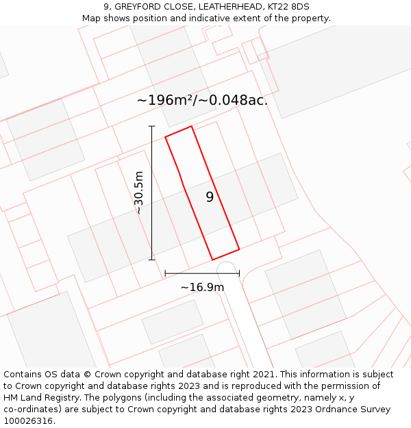 9, GREYFORD CLOSE, LEATHERHEAD, KT22 8DS: Plot and title map