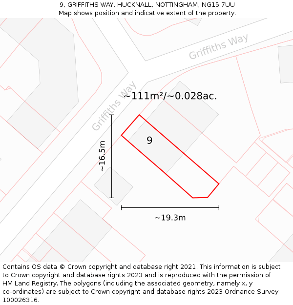 9, GRIFFITHS WAY, HUCKNALL, NOTTINGHAM, NG15 7UU: Plot and title map