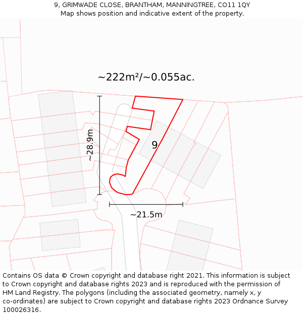 9, GRIMWADE CLOSE, BRANTHAM, MANNINGTREE, CO11 1QY: Plot and title map