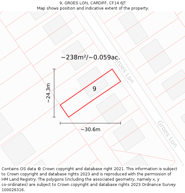 9, GROES LON, CARDIFF, CF14 6JT: Plot and title map