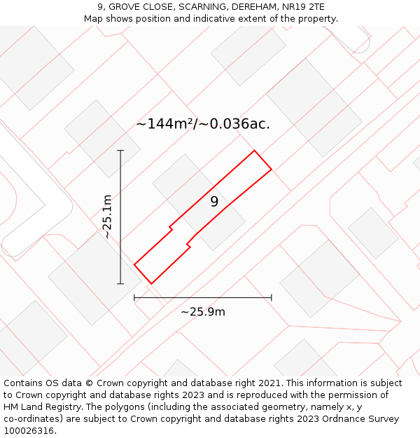 9, GROVE CLOSE, SCARNING, DEREHAM, NR19 2TE: Plot and title map