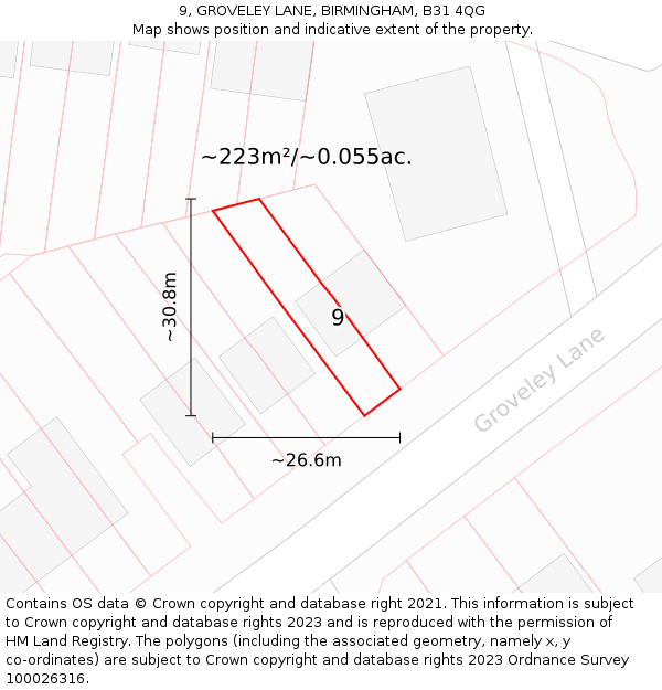 9, GROVELEY LANE, BIRMINGHAM, B31 4QG: Plot and title map