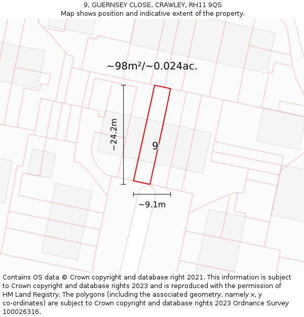 9, GUERNSEY CLOSE, CRAWLEY, RH11 9QS: Plot and title map