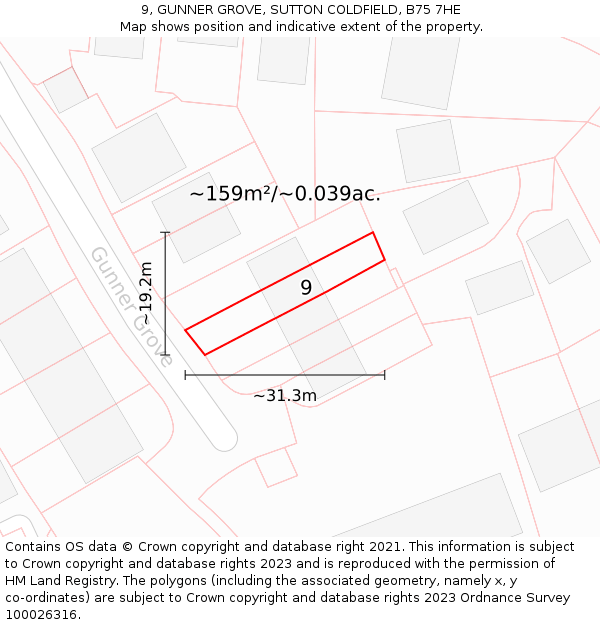9, GUNNER GROVE, SUTTON COLDFIELD, B75 7HE: Plot and title map