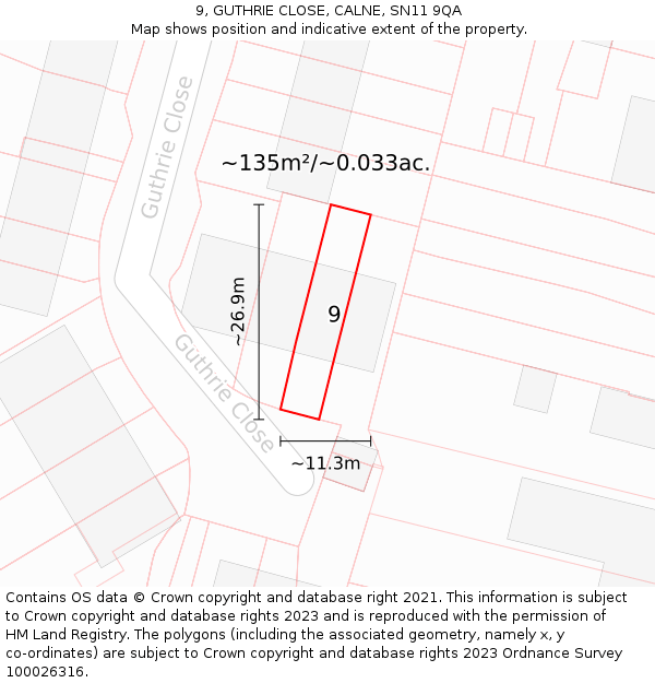9, GUTHRIE CLOSE, CALNE, SN11 9QA: Plot and title map