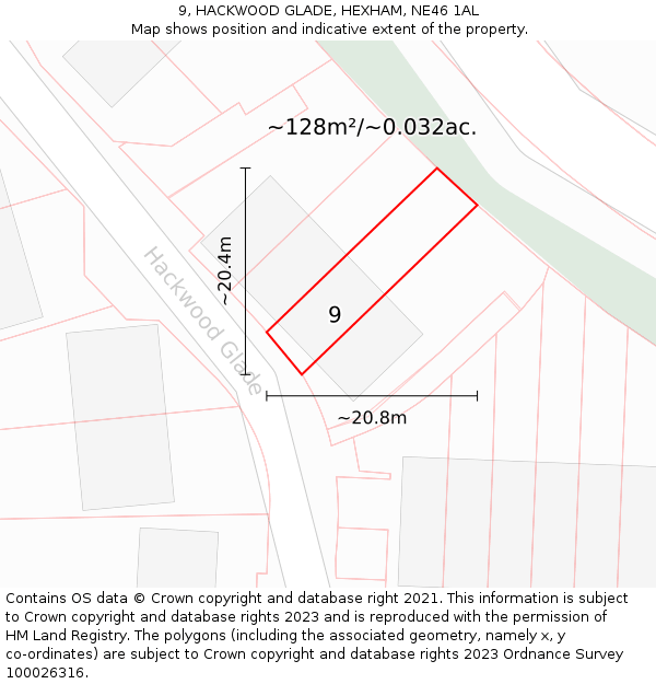 9, HACKWOOD GLADE, HEXHAM, NE46 1AL: Plot and title map