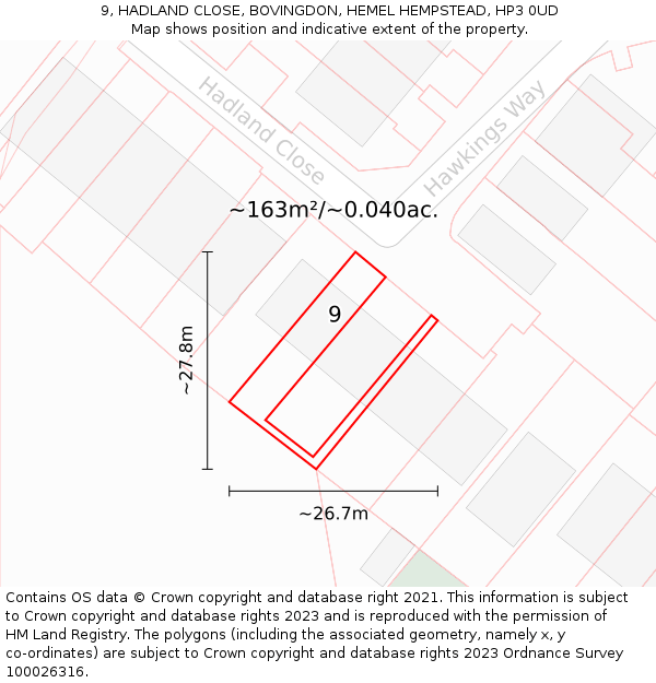 9, HADLAND CLOSE, BOVINGDON, HEMEL HEMPSTEAD, HP3 0UD: Plot and title map