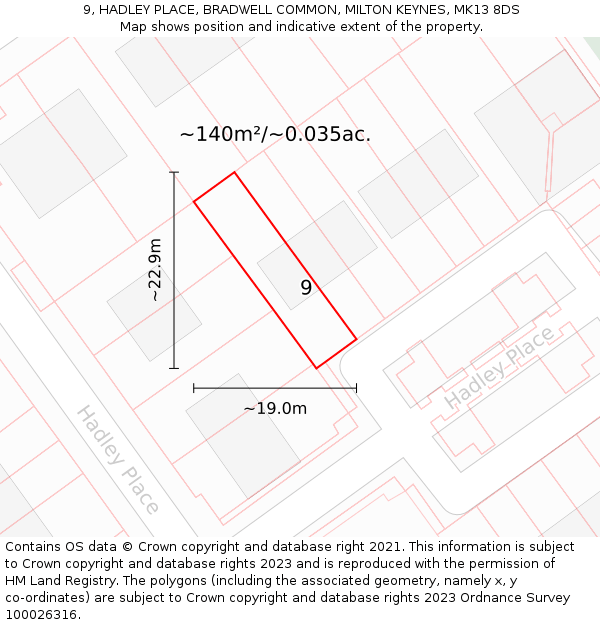 9, HADLEY PLACE, BRADWELL COMMON, MILTON KEYNES, MK13 8DS: Plot and title map
