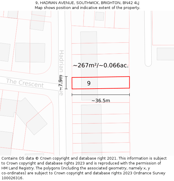 9, HADRIAN AVENUE, SOUTHWICK, BRIGHTON, BN42 4LJ: Plot and title map