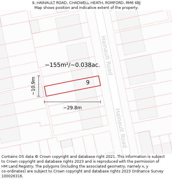 9, HAINAULT ROAD, CHADWELL HEATH, ROMFORD, RM6 6BJ: Plot and title map