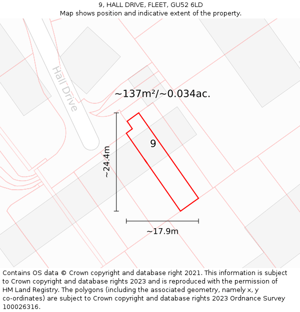 9, HALL DRIVE, FLEET, GU52 6LD: Plot and title map