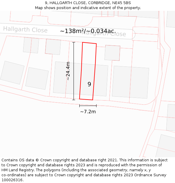 9, HALLGARTH CLOSE, CORBRIDGE, NE45 5BS: Plot and title map