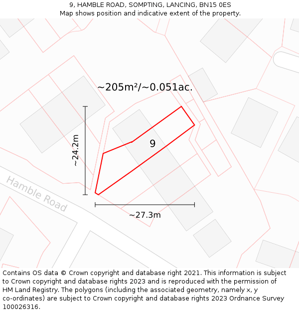 9, HAMBLE ROAD, SOMPTING, LANCING, BN15 0ES: Plot and title map