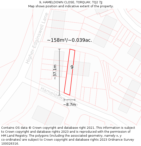 9, HAMELDOWN CLOSE, TORQUAY, TQ2 7JJ: Plot and title map